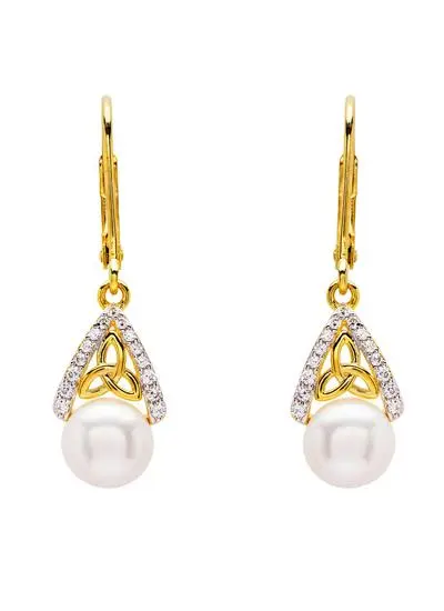 White background cut out shot of 14Ct Gold Vermeil Pearl Celtic Trinity Knot Drop Earrings